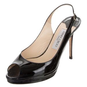 Jimmy Choo Nova Patent Peeptoe Slingback Black Size 7 EU Size 37.5